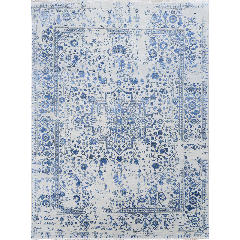 Tapis argent et bleu noué à la main de haute qualité, Rectangle 10 pi x 14 pi