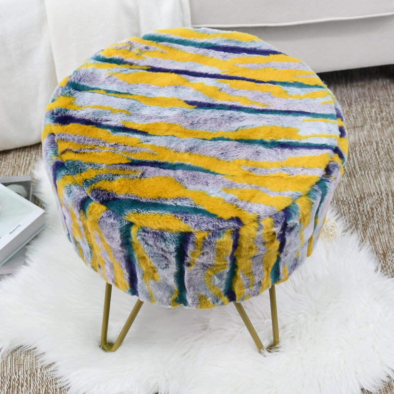 Repose-pieds multi-jacquard rond en fausse fourrure, Fausse fourrure bleu sarcelle