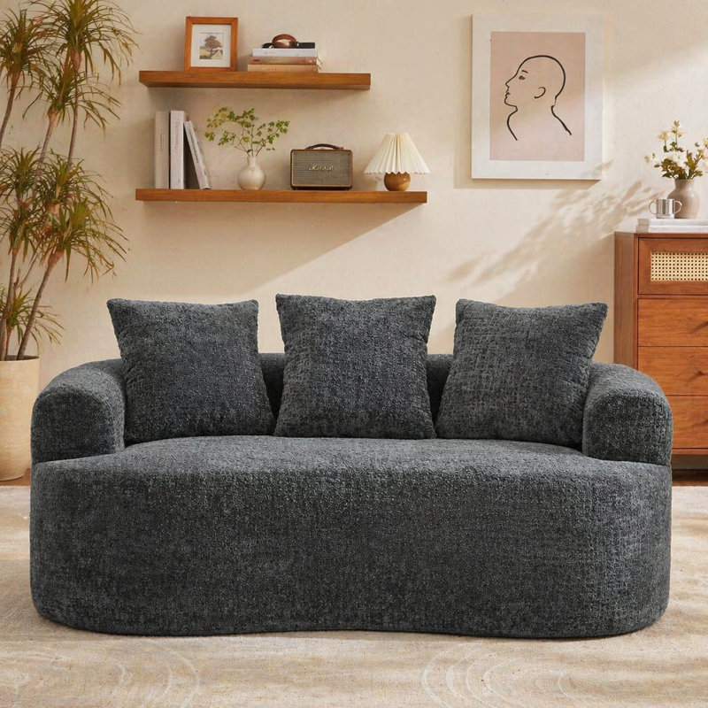 Causeuse courbée, petit canapé en chenille avec 3 coussins, canapé profond pour appartement, salon, aucun assemblage requis