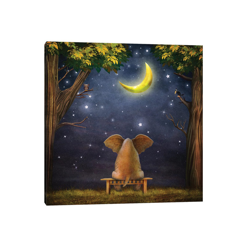 Elephant On A Bench In The Night Forest - Print on Canvas, Wrapped Canvas, 66.04 cm H x 66.04 cm W x 3.175 cm D