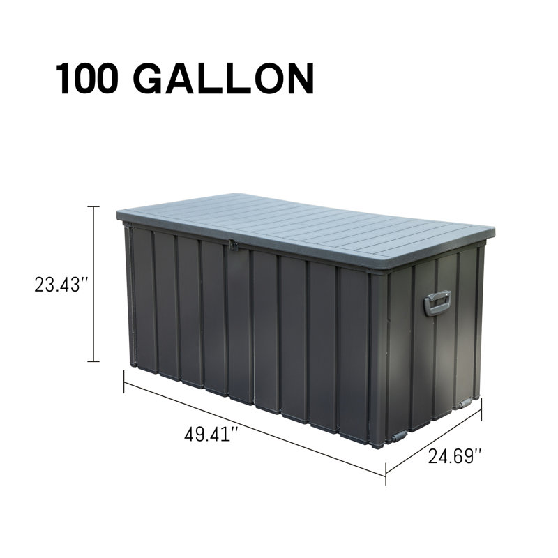 Boîte de rangement d'extérieur 100 gallons - imperméable, pour serviettes de plage et équipement, grande gallon gris foncé, outils de coussins de patio imperméables