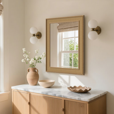Rexford  Natural Wood Rattan Mirror Farmhouse Wall Decoration