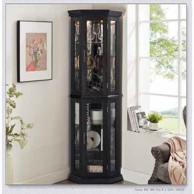 Vitrine de coin lumineuse avec portes en verre trempé, tablettes réglables et ampoule à perles incluse pour une décoration élégante
