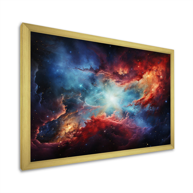 Rêve galaxie astronomique orange bleu sur toile, Encadrement doré, H 12 po x l 20 po x P 1 po