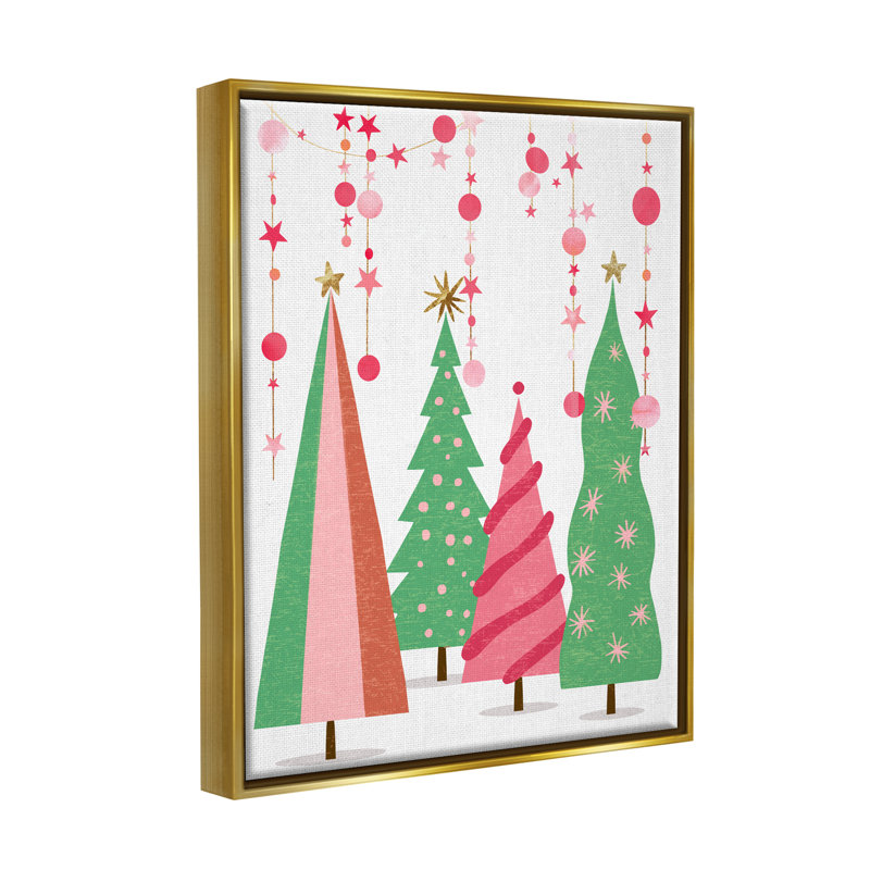«Pink & Green Christmas Trees» par Ziwei Li, impression, H 21 po x l 17 po x P 1,7 po, Cadre flottant métallique doré
