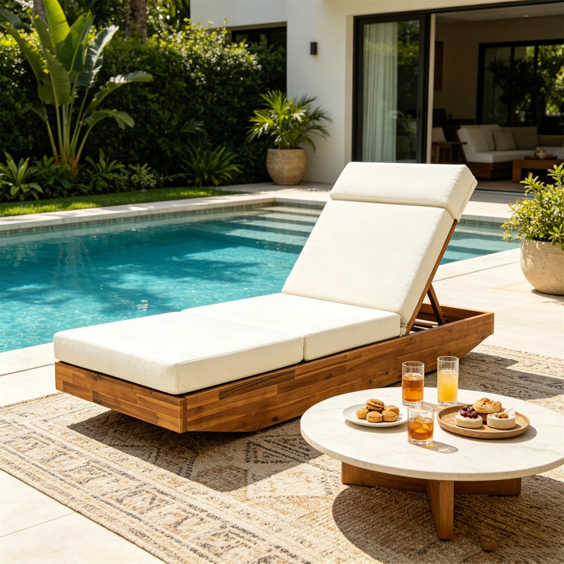 Chaise longue d'extérieur moderne en bois d'acacia avec coussin hydrofuge beige et appui-tête intégré, conception réglable et pliable pour patio, piscine, jardin