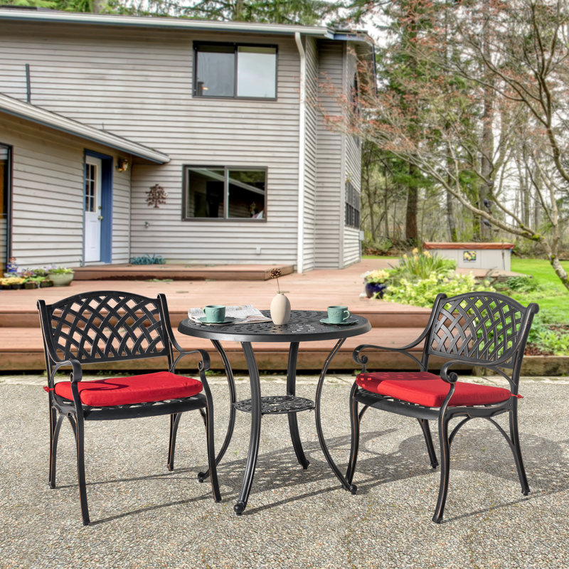 Abery Round 2 - Person 31.5" Aluminum Bistro Set with Cushions(Black with Gold Speckles), Red