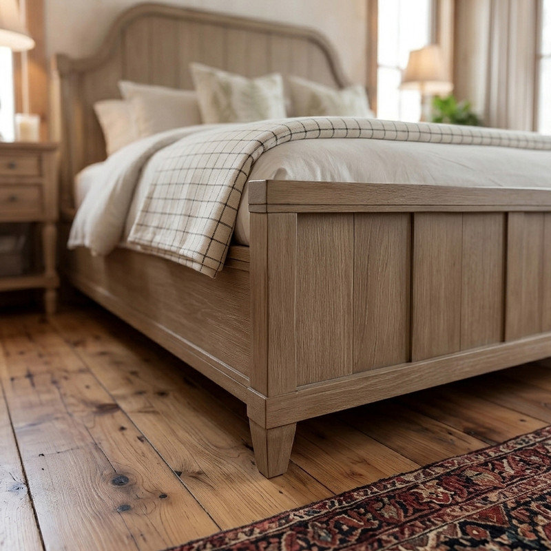 Lit à panneau en planches avec tête de lit arquée et placage d'hickory, Almond, Très grand lit