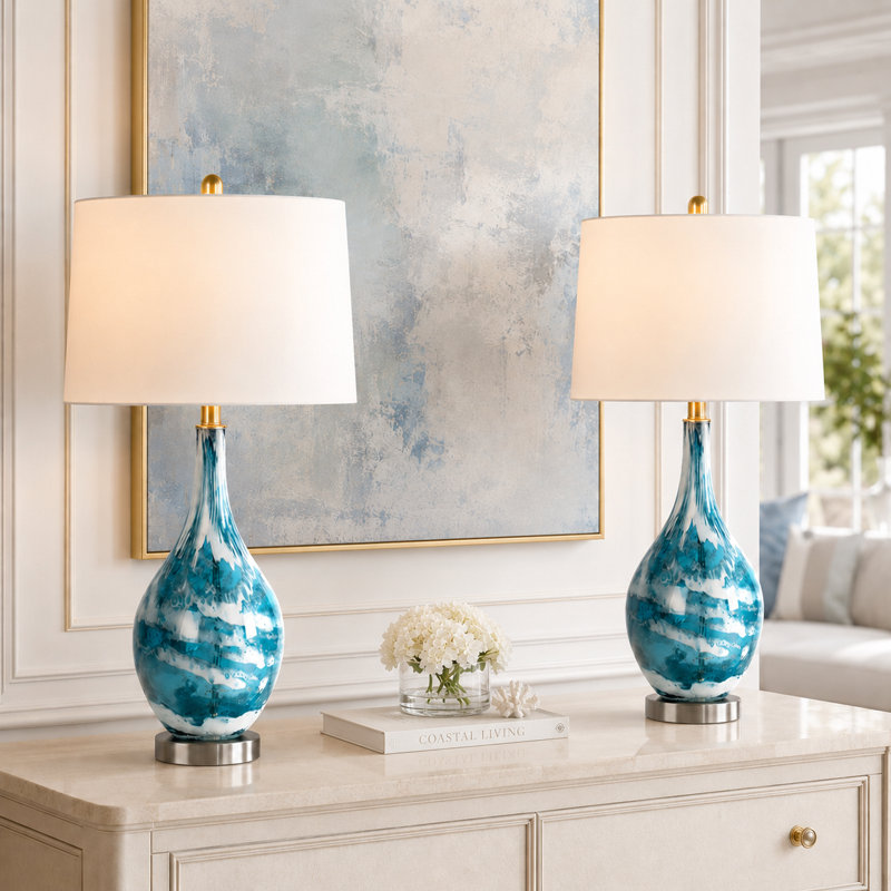 Lampe de table moderne Aitkin 28 po en verre bleu avec éclairage à intensité variable à 3 niveaux et port USB