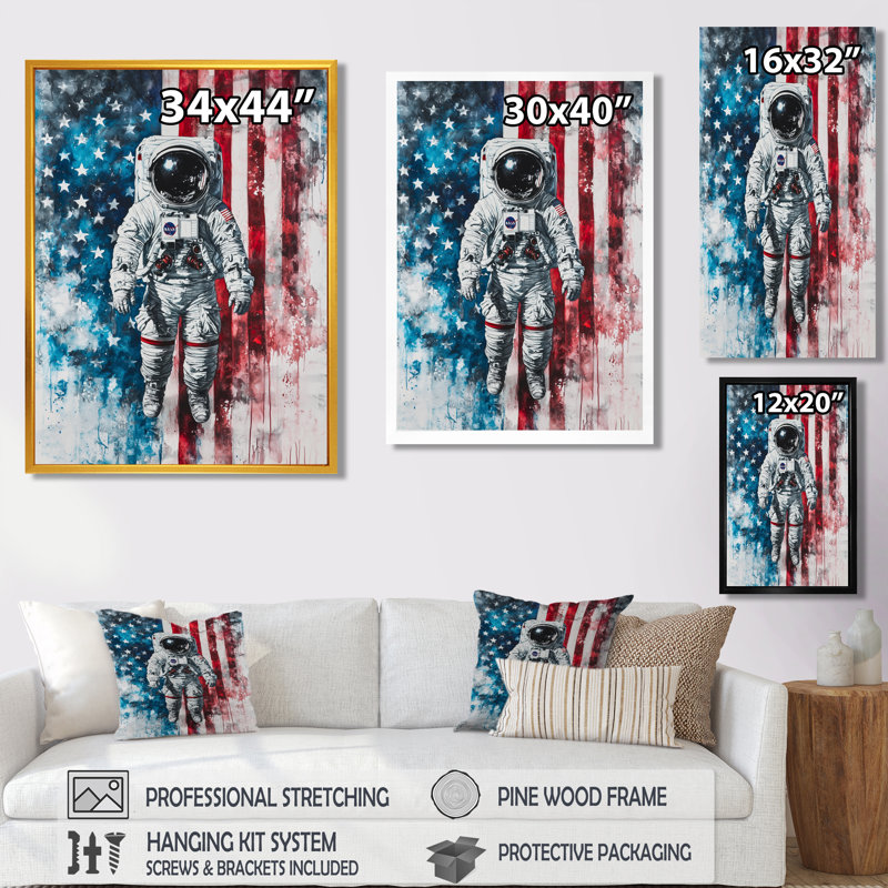 «First Astronault In Space With Usa Flag II», art mural États-Unis, Noir, Reproduction avec cadre flottant, H 20 po x l 12 po
