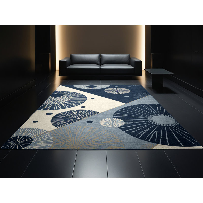 Soft Plush Adlai Global Inspired Block Print Area Rug in Gray – Navy Binding, 3' Round