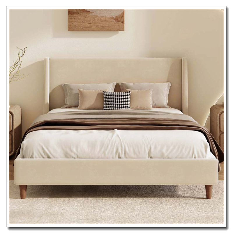 Lit plateforme tapissier avec tête de lit à oreilles, pieds en bois, aucun sommier requis, Beige, Très grand lit