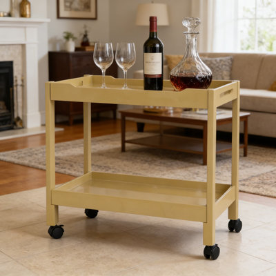 Acacia Wood Bar Cart With Casters, Two-Tier Rolling Serving Cart With Open Shelf Design For Living Room, Dining Room, Or Home Office