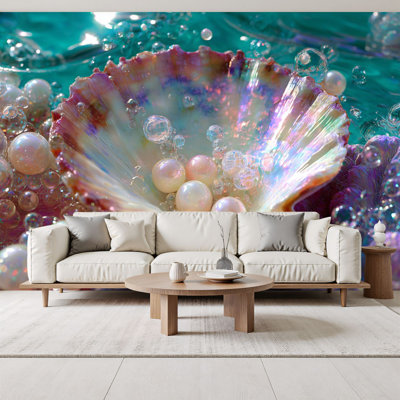 Coastal Peel and Stick Wallpaper Magical Underwater Landscape Clam Shells Corals Pearls Wall Murals 69"H x 96"W Removable PVC Wall Paper Self-Adhesive Wall Decor for Bedroom Living Room Home Office