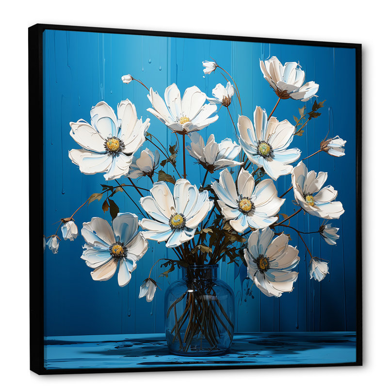 «White Blue Flowers Quirky I», impressions sur toile_105835, H 16 po x l 16 po x P 1 po, Cadre flottant noir