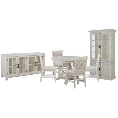 Jaavon 48" Round Dining Table With 4 Upholstered Side Chairs Buffet And Dining Cabinet