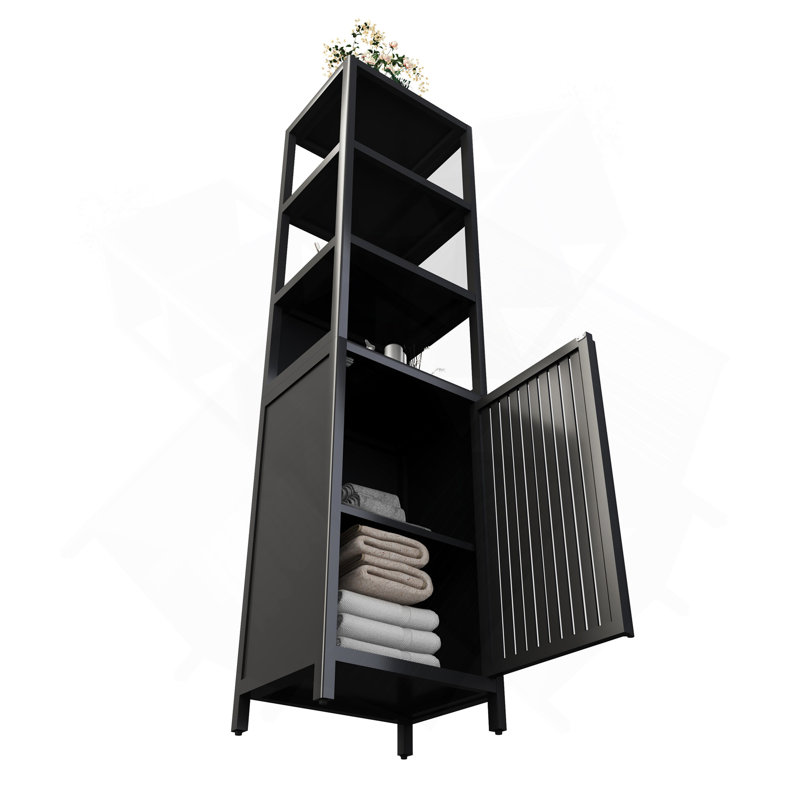 BLACK  Storage Tall Slim Cabinet With Shutter Door And 3 Tier Shelves, Freestanding Linen Tower Cabinet For Living Room, Kitchen, Bathroom Organizer, Natural Bamboo