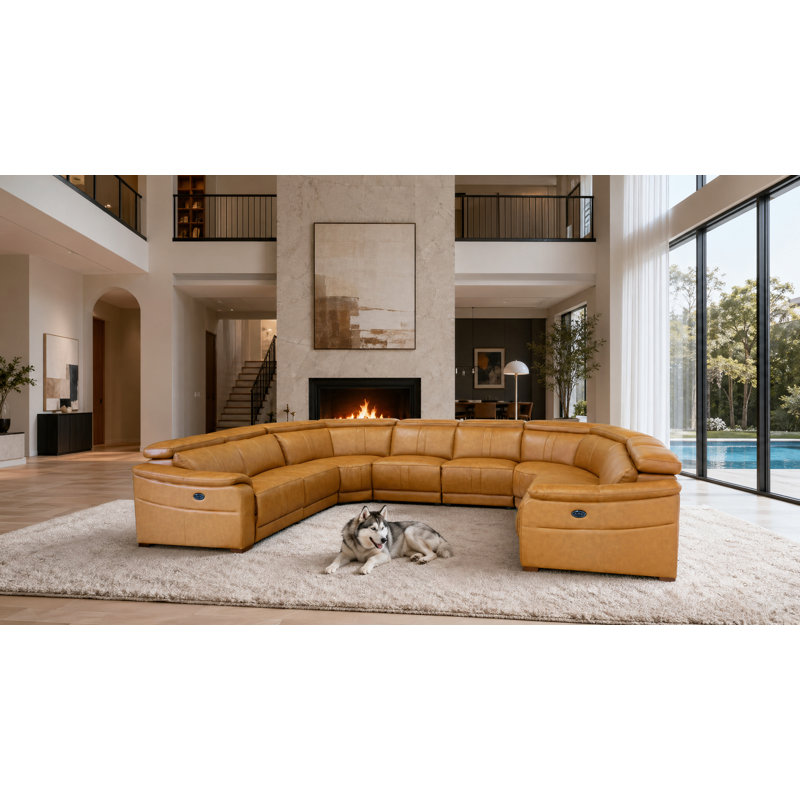 Mietoon Leather Match Large Seating Power Recliner Sectional, Ginger Leather Match