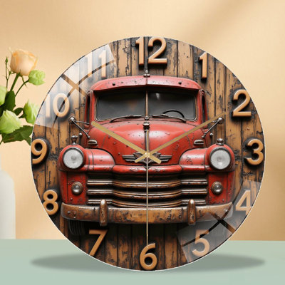 Vintage Red Truck Wall Clock with Rustic Wood Accent(1) Art - 12'' Modern Glass Wall Clock