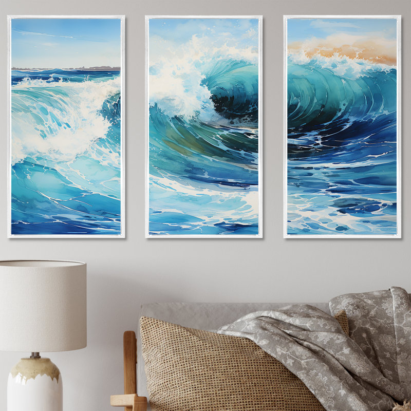Beach Sunrise Tranquil Horizons IV - Ensemble de salon art mural océan, Cadre flottant blanc, H 32 po x l 48 po x P 1 po