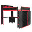 Lit mezzanine en bois avec garde-robe et bureau, tête de lit avec rangement et USB, rouge et noir