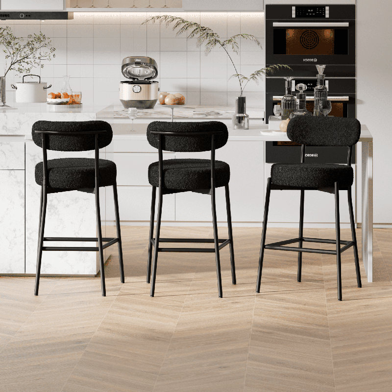 Sherpa Counter Height Bar Stools Set of 3 Modern Upholstered Barstools with Curved Open Back/Round Seat Boucle Comfortable Bar Chairs for Kitchen Island, 24.6 Inch
