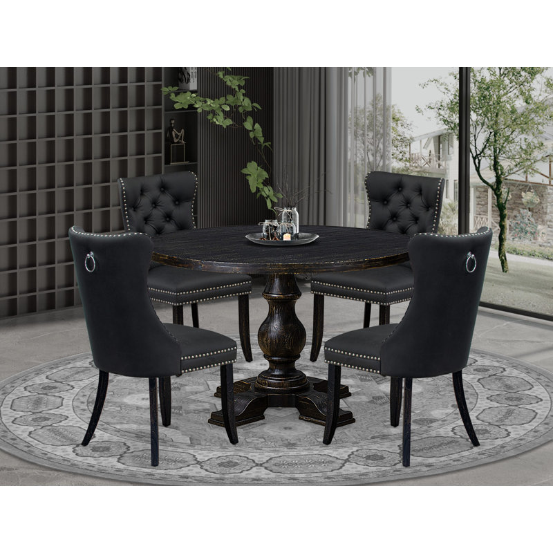 Ensemble de table de salle à manger 7 pièces avec similicuir 6 chaises de cuisine parsons gris foncé, dossier capitonné et une table de cuisine ronde de 48 po au fini noir sablé.