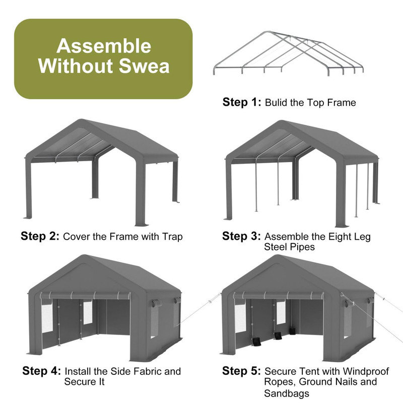 Abri de voiture/garage portable robuste de 3 x 6 m (10 x 20 pi) avec structure en acier galvanisé, auvent imperméable en polyéthylène, 2 portes et 4 fenêtres.