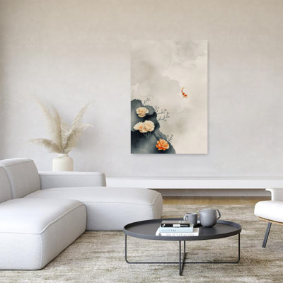 Serene Koi And Blossoms Abstract Delicate Elegant Fish Nature Flower Wall Art Print 1 Piece Wrapped Canvas Wall Art