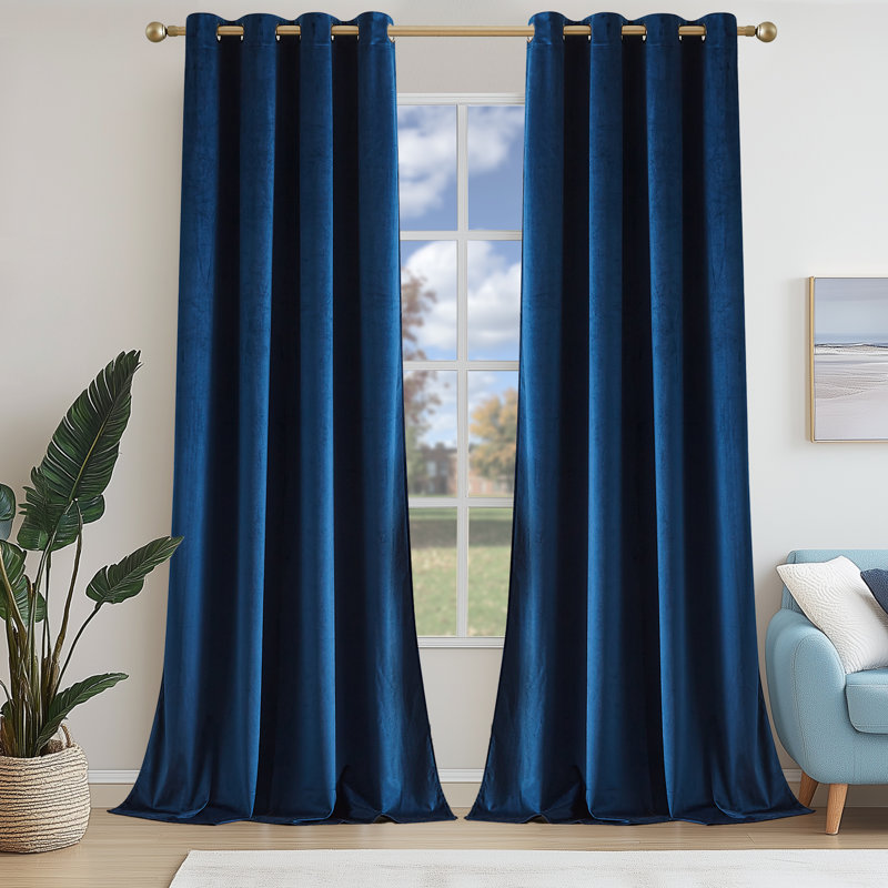 Deavion Velvet Solid Color Metal Grommets Room Darkening Curtain Panels, 52" W x 90" L, Navy