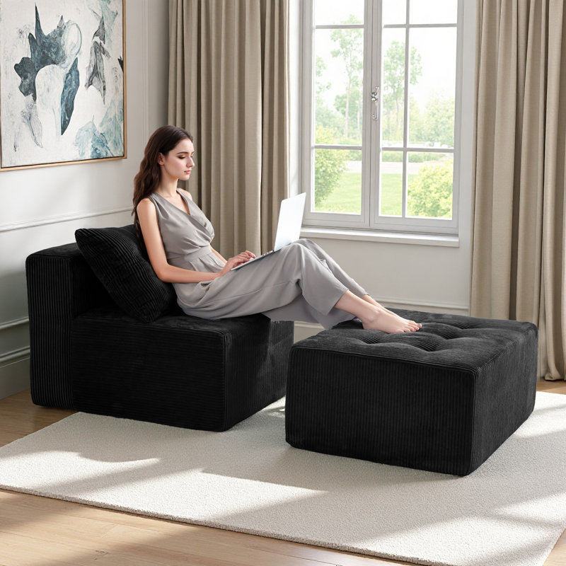 Canapé modulaire avec méridienne, Velours côtelé noir