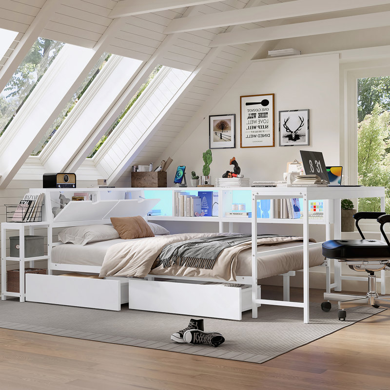 Cadre de lit d'angle avec 2 tiroirs de rangement sous le lit, lit moderne avec lumière DEL et station de charge, Blanc ancien