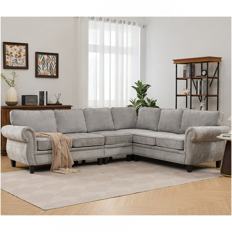 Canapé modulaire 109,5 po, accoudoirs roulés décorés avec rivets, canapé en L pour le salon, canapé d'angle, chenille, coussin à 6 places, 7 places, gris clair