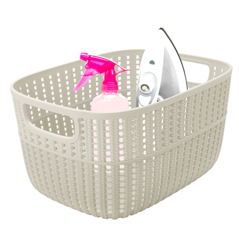 Ivory Rectangular Plastic Storage Basket with Built-in Handles