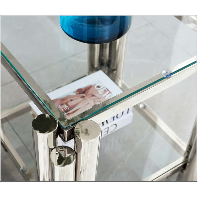 Table de bout carrée 20 pouces, table de bout moderne en acier inoxydable, table basse en verre trempé transparent double couche, table d'appoint avec rangement, pour le bureau à domicile