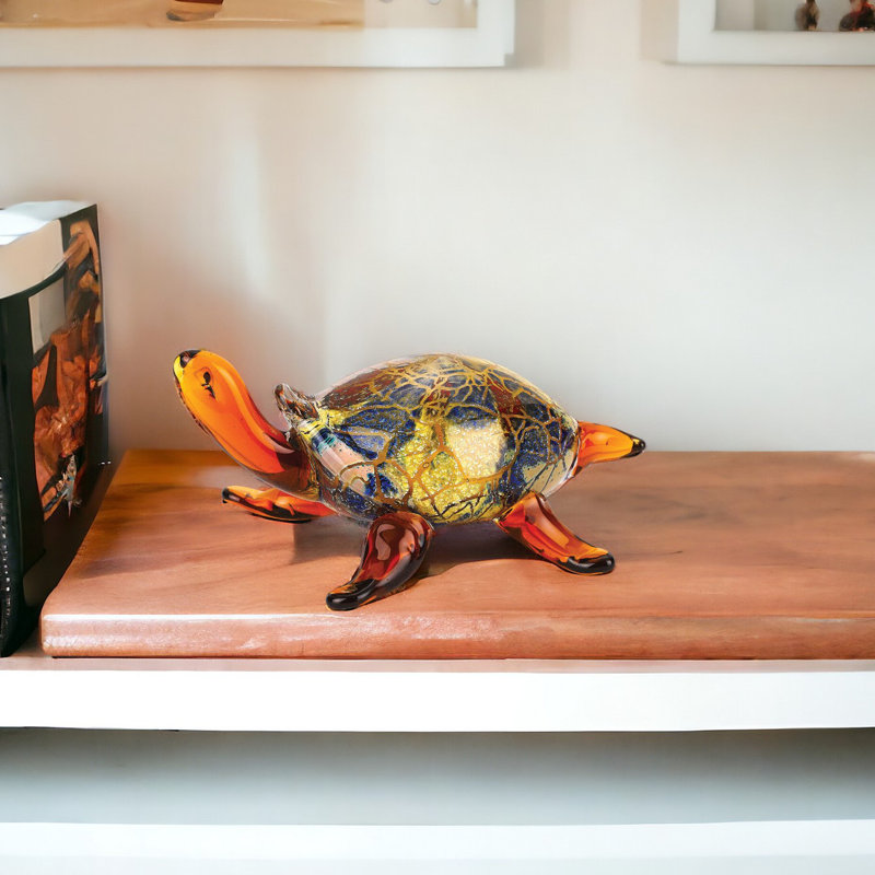 Alexxandria 4" Clear Brown and Green Murano Glass Turtle Figurine Tabletop Sculpture