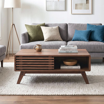 Mid Century Modern Coffee Table, Lift Top Coffee Table With Slatted Sliding Door And Storage Space