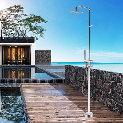 86'' H Stainless Steel Freestanding Height Adjustable Outdoor Shower With Handheld Shower and Hook and Storage Rack