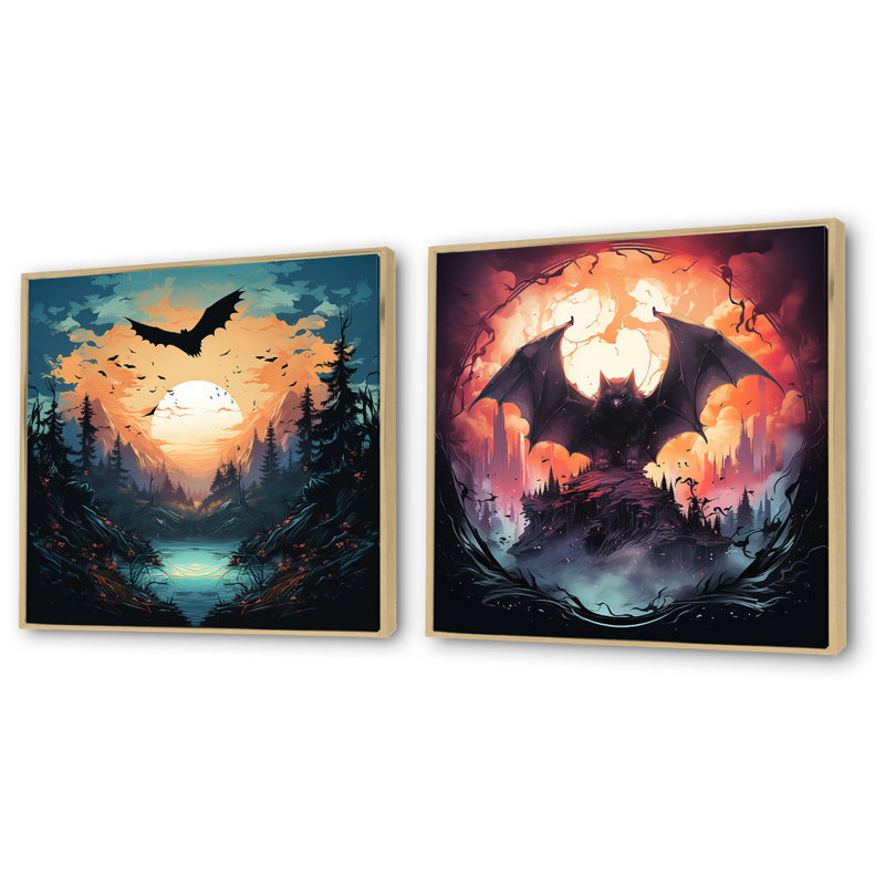 Mystic Bat Nightfall I - ensemble d'art mural sur toile Bat, Cadre flottant brun, H 16 po x l 33 po x P 1 po