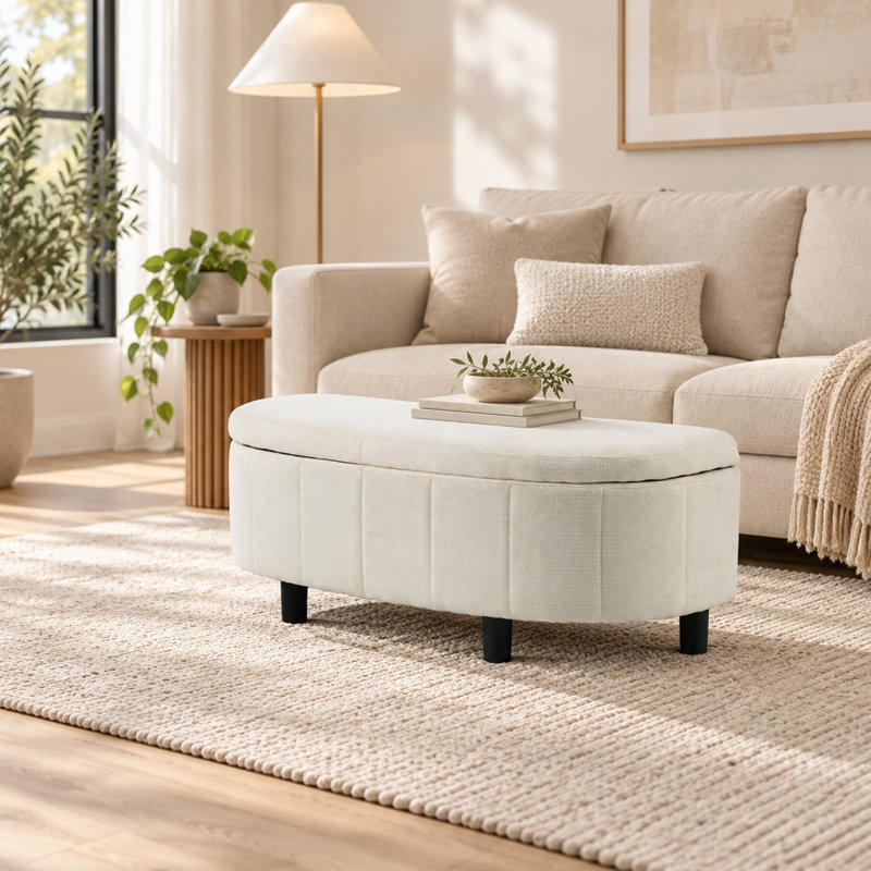 Repose-pieds semi-rond avec rangement, tissu chenille, plateau relevable, blanc crème