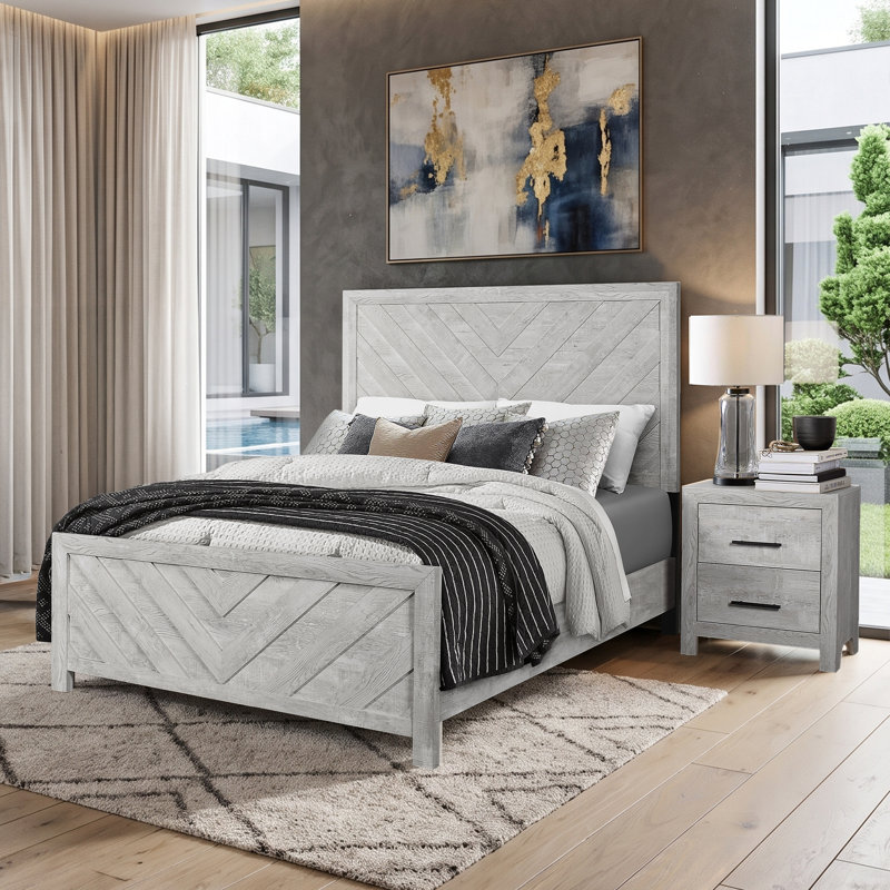 Ensemble de chambre à coucher simple 2 pièces Mishika, Chêne rustique, 2 Pcs: Bed, Nightstand, Lit simple