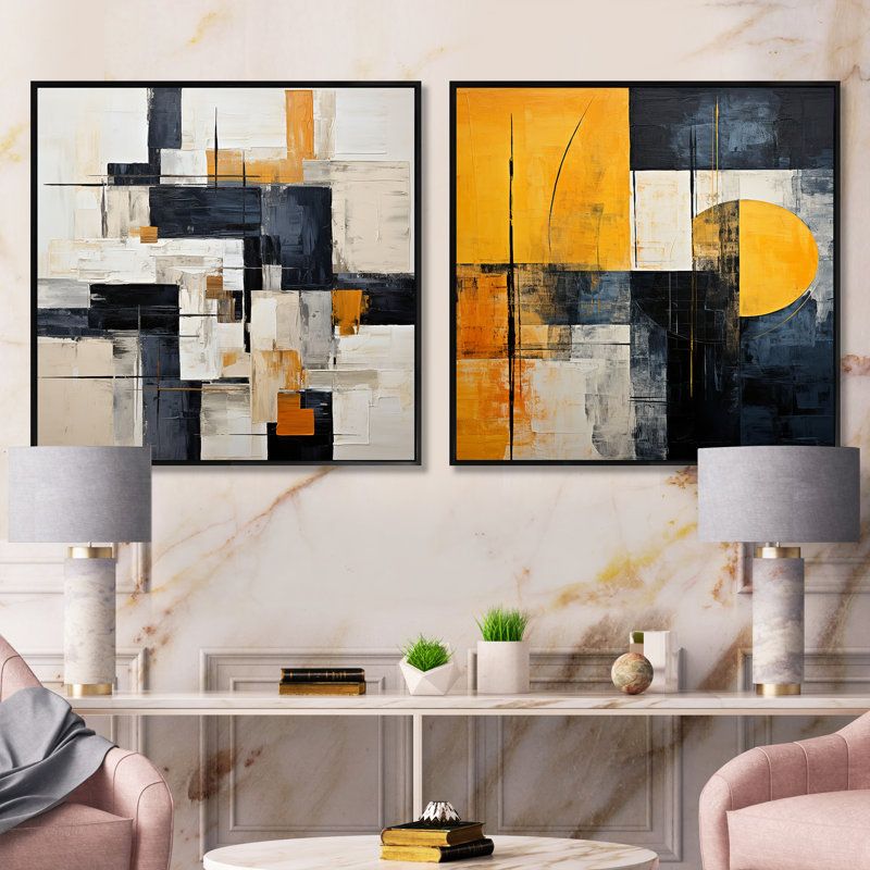 Collena - Ensemble de 2 collages carrés à formes abstraites, Cadre flottant noir, H 30 po x l 61 po