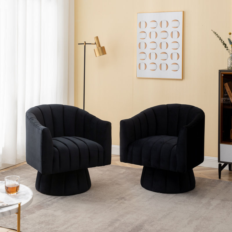Fauteuil demi-tonneau pivotant en velours capitonné de 28 pouces de largeur Murrow, Velours noir