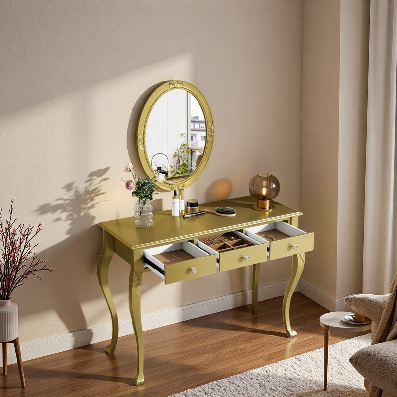 Luxury Makeup Vanity Desk With Oval Mirror, 3 Drawers And Intricate Carvings, Gold