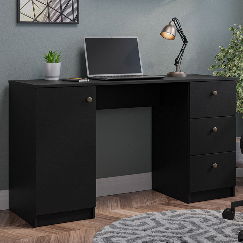 Sleek 53" Black Engineered Wood Gaming Desk with Filing Cabinet
