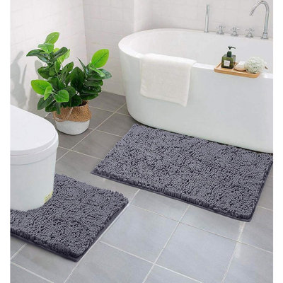 Ensemble de tapis de salle de bain 2 pièces, tapis de bain en chenille absorbant doux et tapis de toilette contour, antidérapant, séchage rapide, tapis de salle de bain à poils longs lavables à la machine, gris