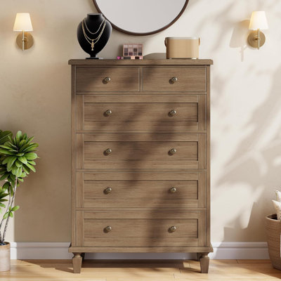 Vintage 6-Drawer Tall Dresser with Tapered Legs, Wood Chest, Light Brown