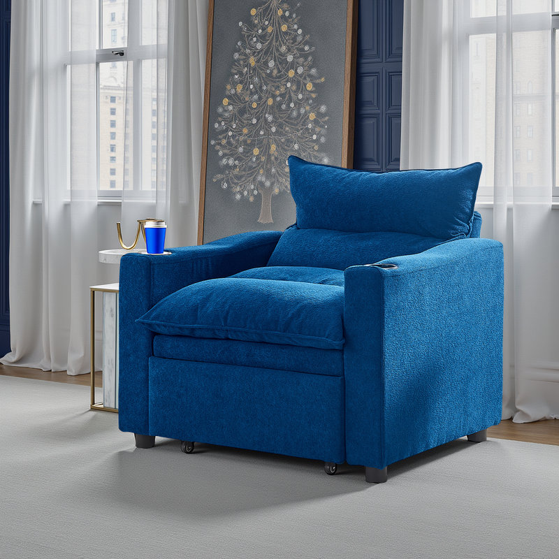 3-in-1 Convertible Velvet Chaise Lounge,Recliner Sofa Chair, Blue