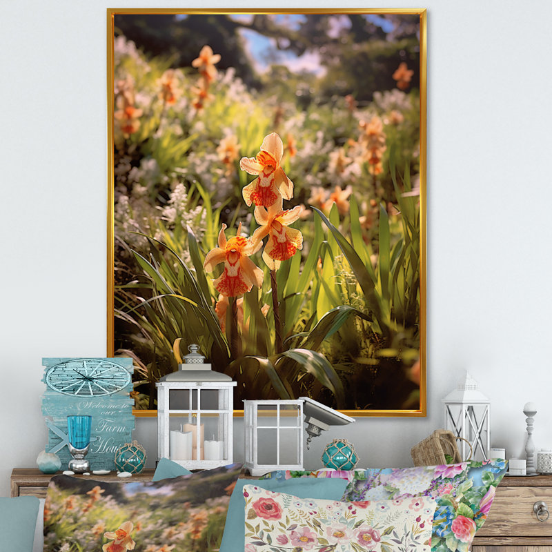 Orange, orchidées exotiques, vert, élégance, Cadre flottant doré, H 44 po x l 34 po x P 1,5 po