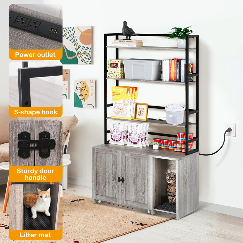 Large Gray Cat Litter Box Enclosure with Shelves and Charging Station